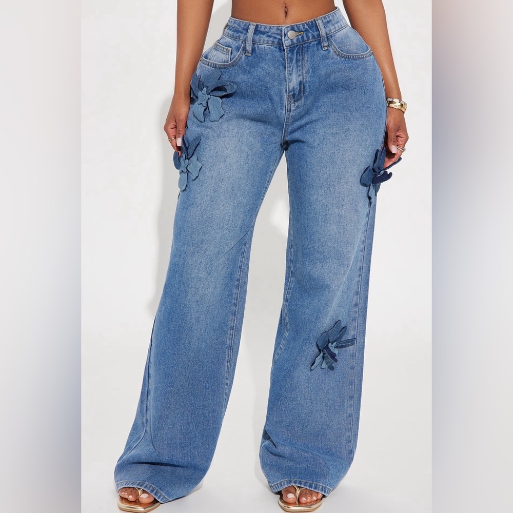 Fashion Nova Light Blue Wide-Leg High-Rise Jeans with Denim Floral Appliqués